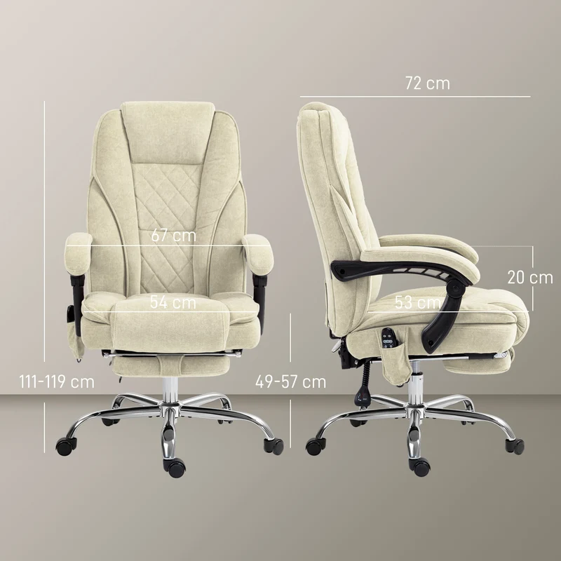 Fauteuil de bureau massant dossier inclinable 67 x 72 x 119 cm massage chauffant et repose pieds design en velours beige 21_0006254