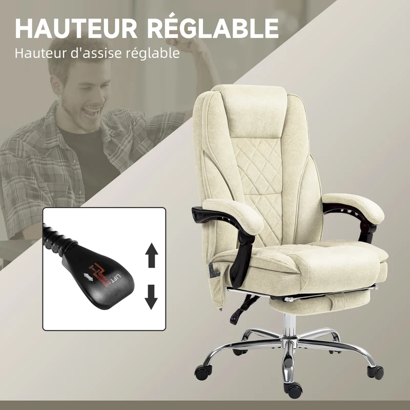 Fauteuil de bureau massant dossier inclinable 67 x 72 x 119 cm massage chauffant et repose pieds design en velours beige 21_0006254