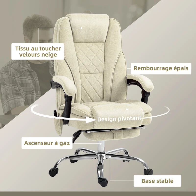 Fauteuil de bureau massant dossier inclinable 67 x 72 x 119 cm massage chauffant et repose pieds design en velours beige 21_0006254