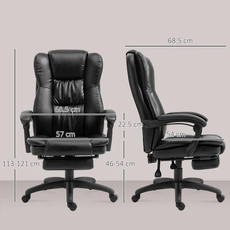 Fauteuil de bureau massant 68.5 x 68.5 x 121 cm dossier inclinable 135° assise rembourrée moderne en polyuréthane noir 21_0006211