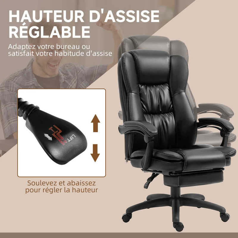 Fauteuil de bureau massant 68.5 x 68.5 x 121 cm dossier inclinable 135° assise rembourrée moderne en polyuréthane noir 21_0006211