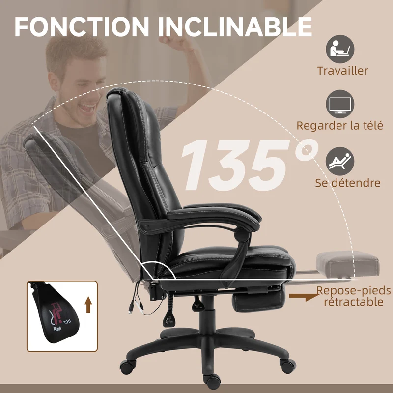 Fauteuil de bureau massant 68.5 x 68.5 x 121 cm dossier inclinable 135° assise rembourrée moderne en polyuréthane noir 21_0006211