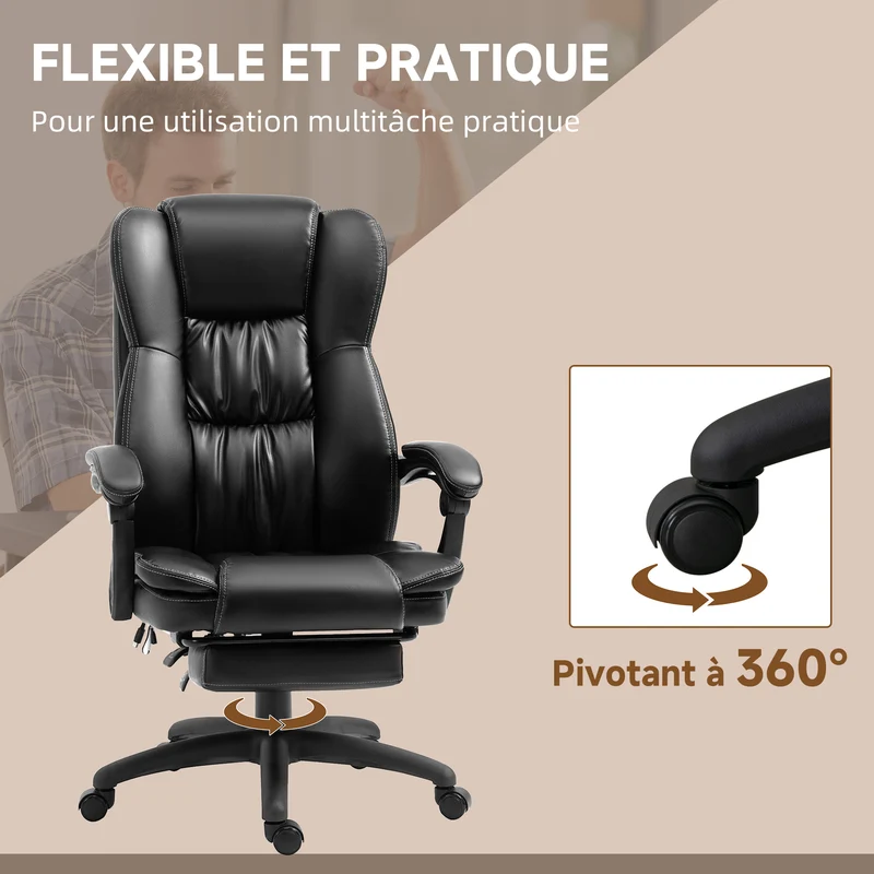 Fauteuil de bureau massant 68.5 x 68.5 x 121 cm dossier inclinable 135° assise rembourrée moderne en polyuréthane noir 21_0006211