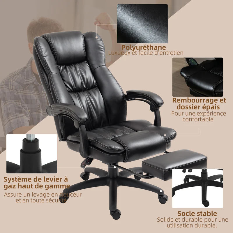 Fauteuil de bureau massant 68.5 x 68.5 x 121 cm dossier inclinable 135° assise rembourrée moderne en polyuréthane noir 21_0006211