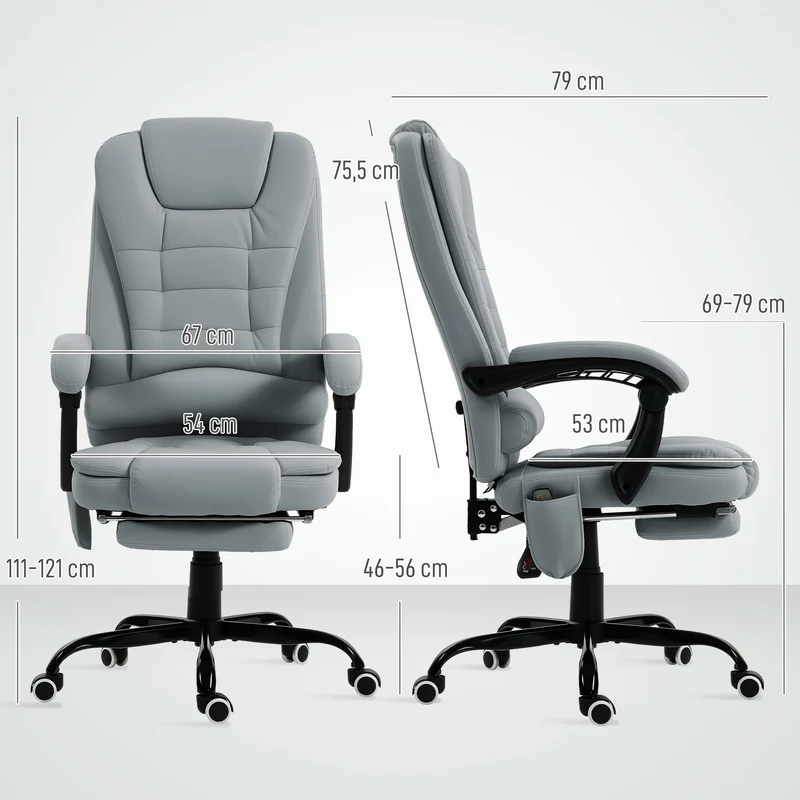 Fauteuil de bureau massant 67 x 79 x 121 cm massage 7 points dossier inclinable repose-pieds design en polyuréthane gris 21_0006196