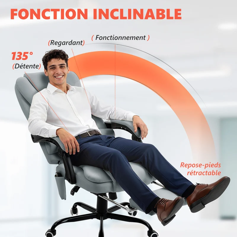 Fauteuil de bureau massant 67 x 79 x 121 cm massage 7 points dossier inclinable repose-pieds design en polyuréthane gris 21_0006196