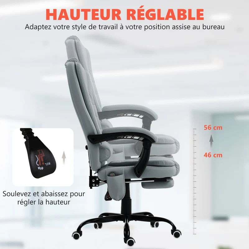 Fauteuil de bureau massant 67 x 79 x 121 cm massage 7 points dossier inclinable repose-pieds design en polyuréthane gris 21_0006196