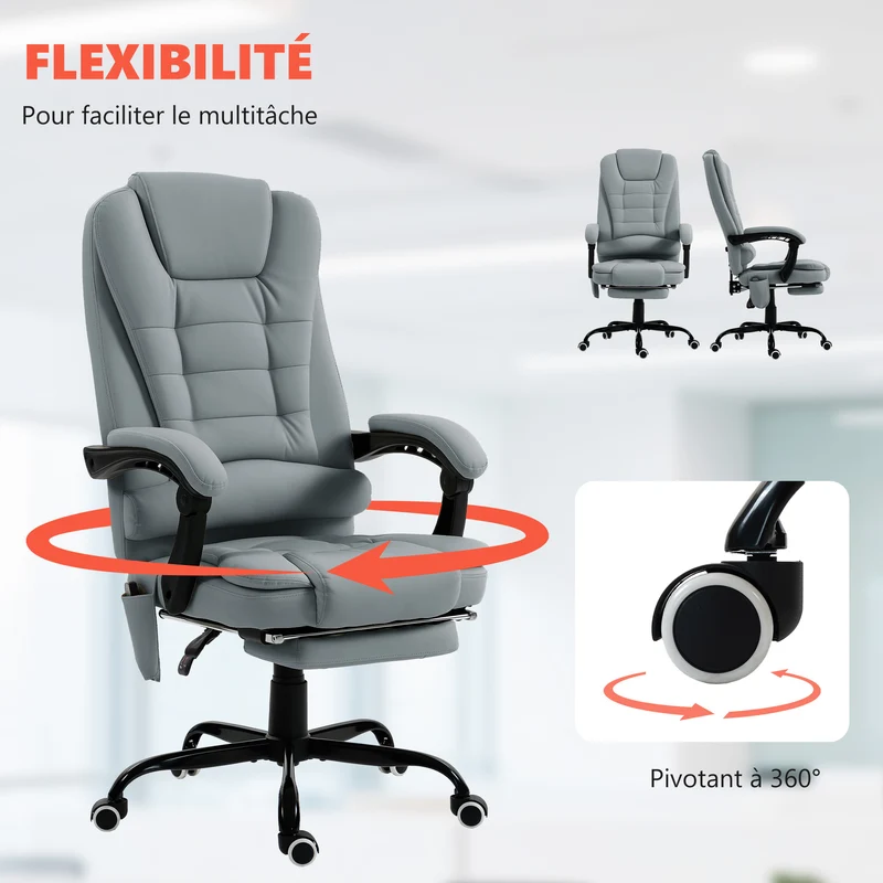 Fauteuil de bureau massant 67 x 79 x 121 cm massage 7 points dossier inclinable repose-pieds design en polyuréthane gris 21_0006196