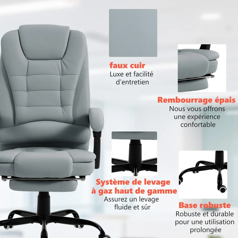 Fauteuil de bureau massant 67 x 79 x 121 cm massage 7 points dossier inclinable repose-pieds design en polyuréthane gris 21_0006196