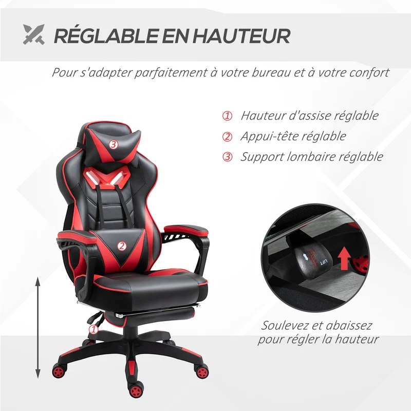 Fauteuil de bureau ergonomique 65 x 70 x 128 cm repose-pieds rétractable pivotant 360° design contemporain en PU noir 21_0006176