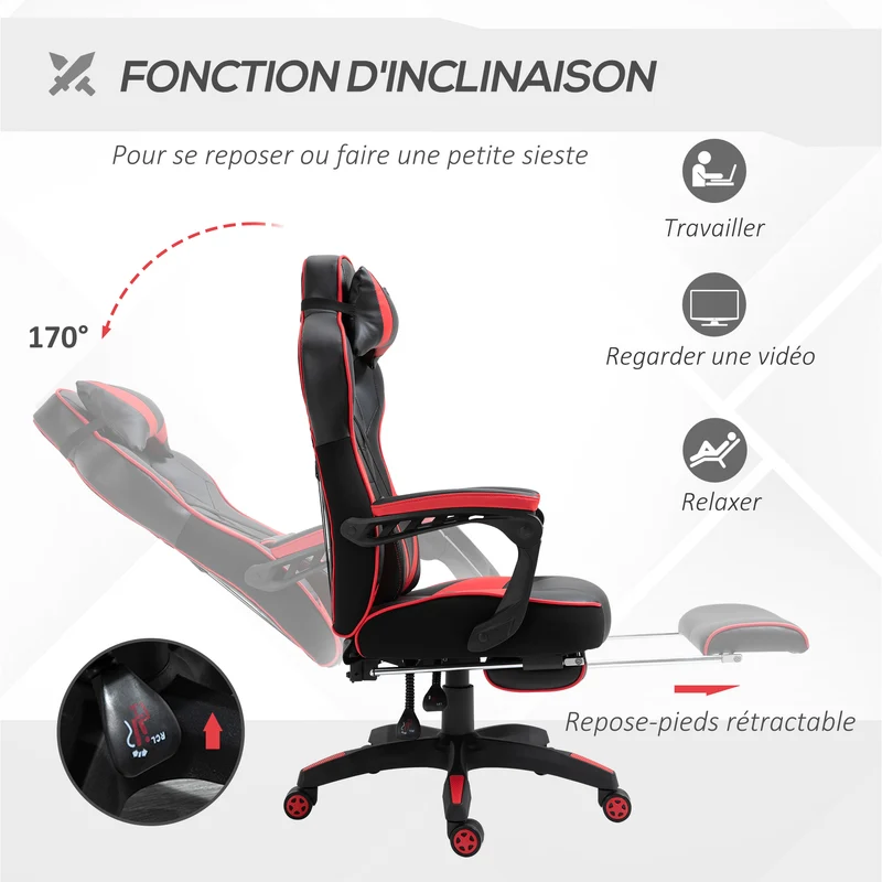 Fauteuil de bureau ergonomique 65 x 70 x 128 cm repose-pieds rétractable pivotant 360° design contemporain en PU noir 21_0006176