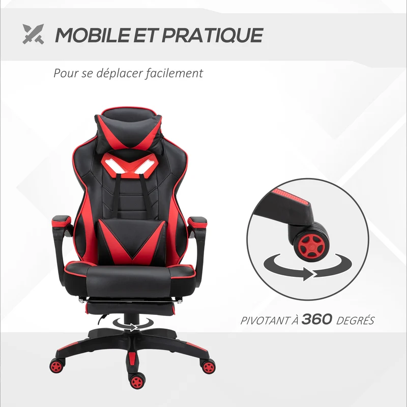 Fauteuil de bureau ergonomique 65 x 70 x 128 cm repose-pieds rétractable pivotant 360° design contemporain en PU noir 21_0006176