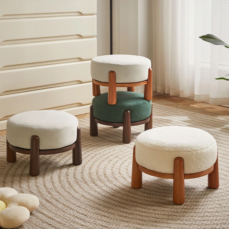 Contemporary Nordic Soft Skin-Friendly Corduroy Sherpa Fabric Solid Wood Sponge Round Pouf Low Stool Backless Armless For Entryway & Hallway