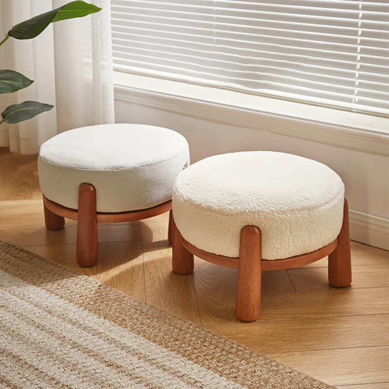 Contemporary Nordic Soft Skin-Friendly Corduroy Sherpa Fabric Solid Wood Sponge Round Pouf Low Stool Backless Armless For Entryway & Hallway