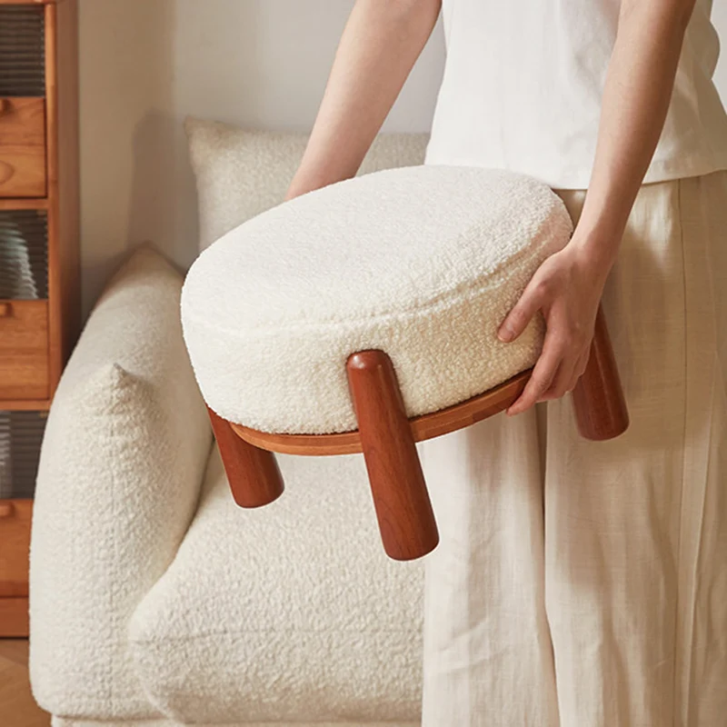 Contemporary Nordic Soft Skin-Friendly Corduroy Sherpa Fabric Solid Wood Sponge Round Pouf Low Stool Backless Armless For Entryway & Hallway