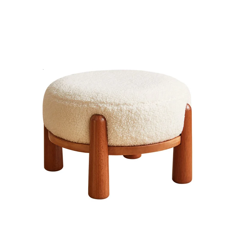 Contemporary Nordic Soft Skin-Friendly Corduroy Sherpa Fabric Solid Wood Sponge Round Pouf Low Stool Backless Armless For Entryway & Hallway