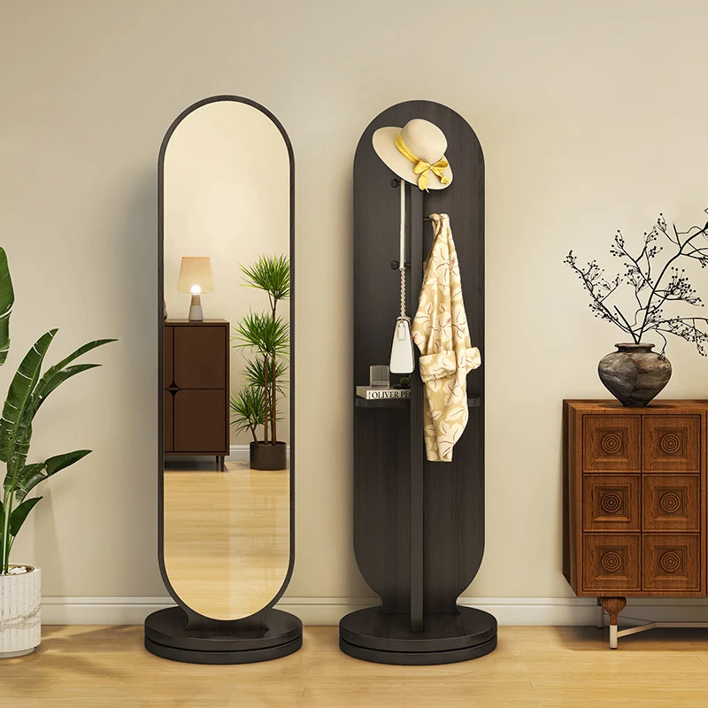 Modern Minimalist Particleboard Glass Round Swivel Hall Tree With Full-Length Mirror For Bedroom & Living Room