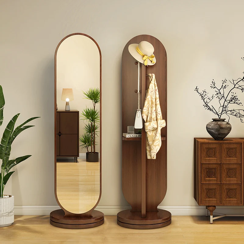 Modern Minimalist Particleboard Glass Round Swivel Hall Tree With Full-Length Mirror For Bedroom & Living Room