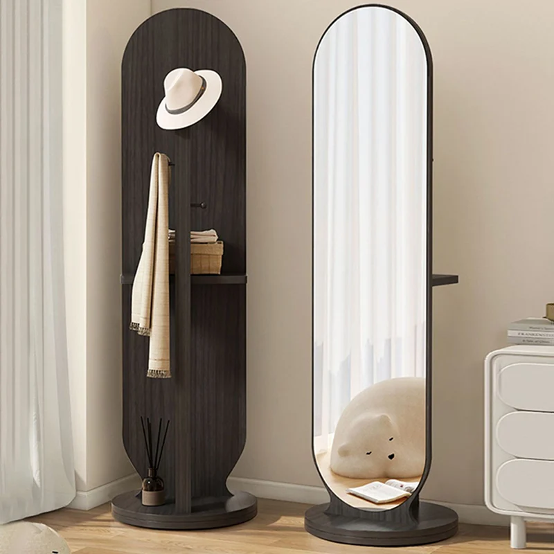 Modern Minimalist Particleboard Glass Round Swivel Hall Tree With Full-Length Mirror For Bedroom & Living Room