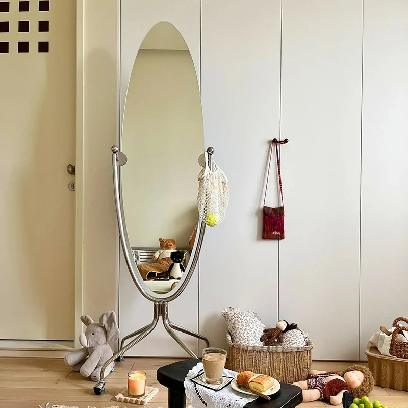 Modern Minimalist Stainless Steel Glass Oval Movable Full-Length Floor Mirror For Living Room & Bedroom