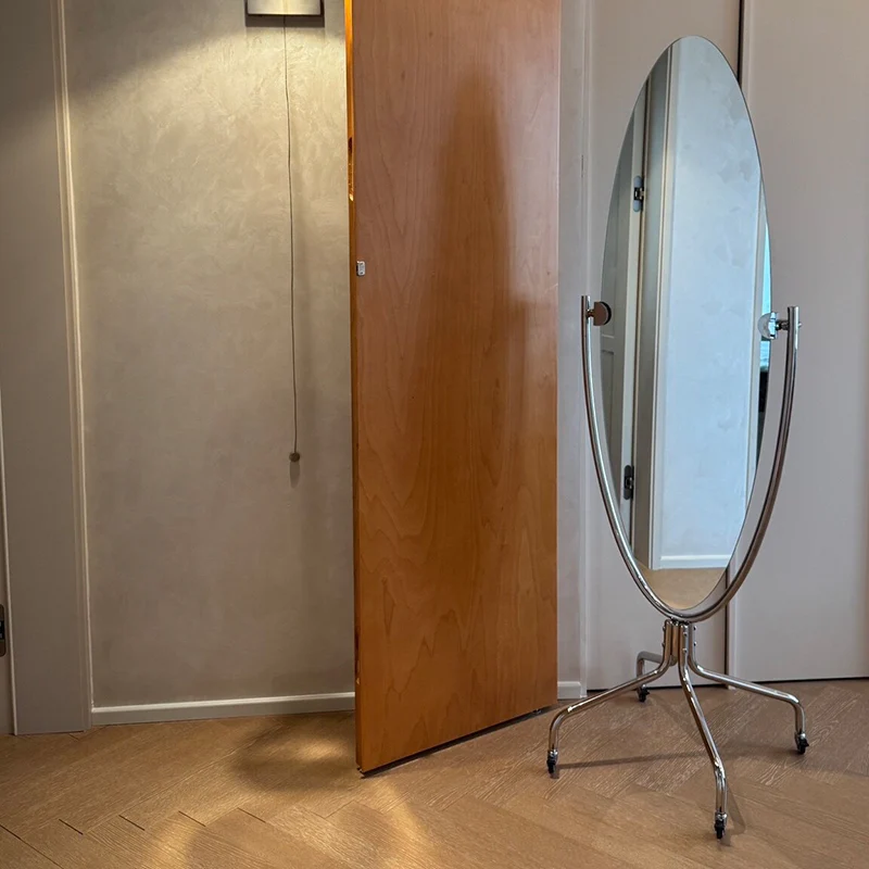 Modern Minimalist Stainless Steel Glass Oval Movable Full-Length Floor Mirror For Living Room & Bedroom