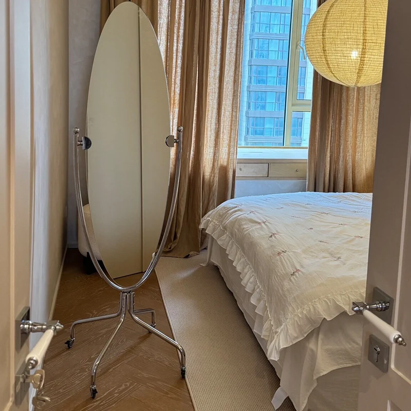Modern Minimalist Stainless Steel Glass Oval Movable Full-Length Floor Mirror For Living Room & Bedroom