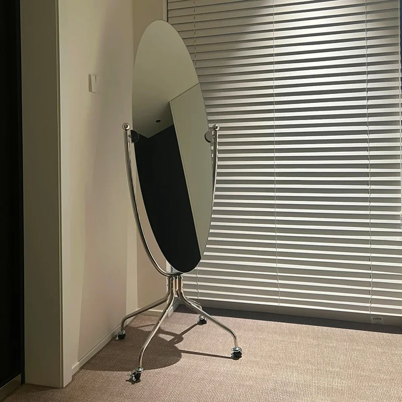 Modern Minimalist Stainless Steel Glass Oval Movable Full-Length Floor Mirror For Living Room & Bedroom