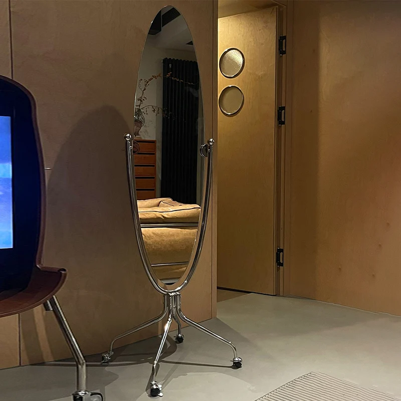 Modern Minimalist Stainless Steel Glass Oval Movable Full-Length Floor Mirror For Living Room & Bedroom