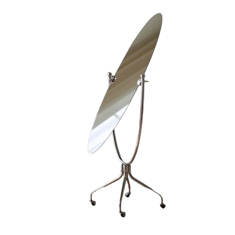 Modern Minimalist Stainless Steel Glass Oval Movable Full-Length Floor Mirror For Living Room & Bedroom