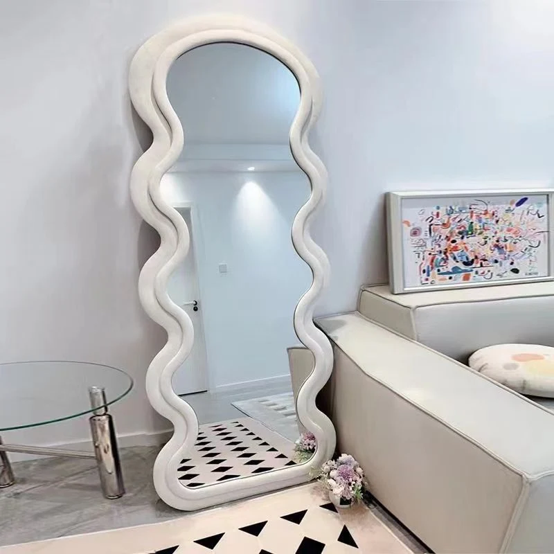 Contemporary Nordic MDF Velvet Glass Carbon Steel Oval Wave-Shaped Full-Length Floor Mirror Anti-Explosion & Anti-Tip Design For Living Room & Bedroom