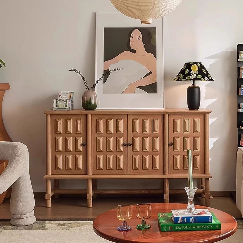 Traditional French Ash Wood Plywood Cylindrical Grid Rectangular Sideboard Cabinet 3-Cabinet For Living Room