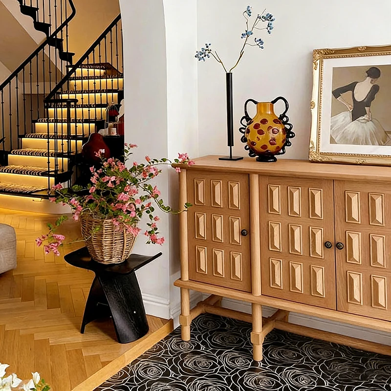 Traditional French Ash Wood Plywood Cylindrical Grid Rectangular Sideboard Cabinet 3-Cabinet For Living Room
