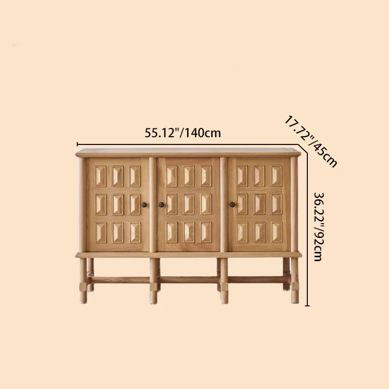 Traditional French Ash Wood Plywood Cylindrical Grid Rectangular Sideboard Cabinet 3-Cabinet For Living Room