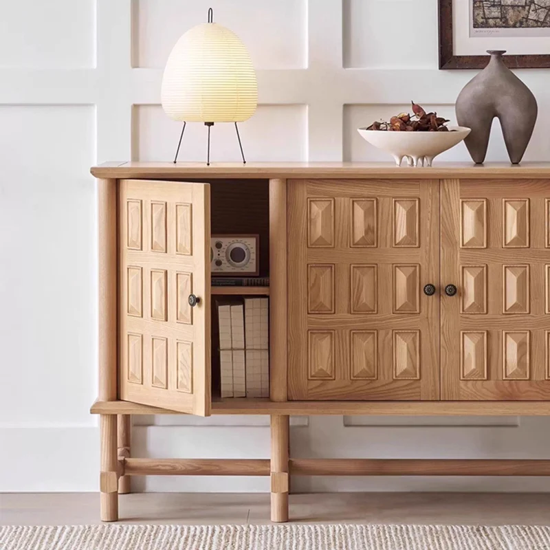 Traditional French Ash Wood Plywood Cylindrical Grid Rectangular Sideboard Cabinet 3-Cabinet For Living Room