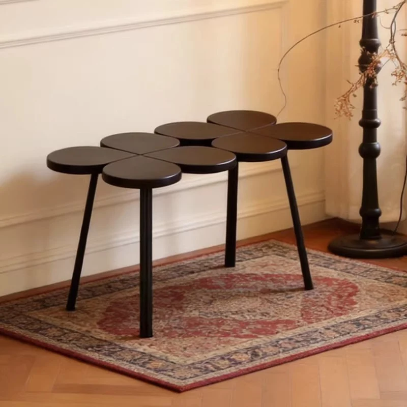 Traditional Vintage Rubber Wood Stainless Steel Clover Shape Cylindrical Accent Bench For Living Room