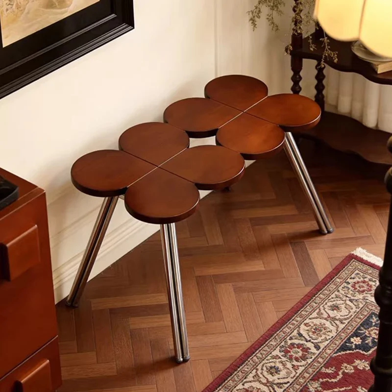 Traditional Vintage Rubber Wood Stainless Steel Clover Shape Cylindrical Accent Bench For Living Room