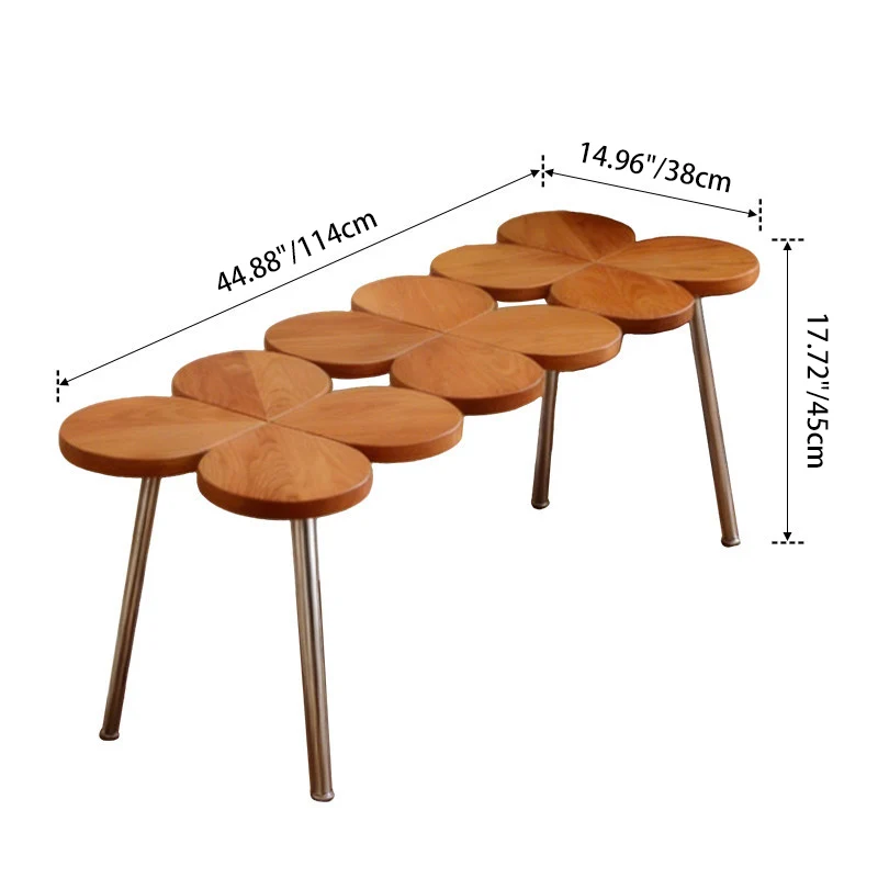 Traditional Vintage Rubber Wood Stainless Steel Clover Shape Cylindrical Accent Bench For Living Room