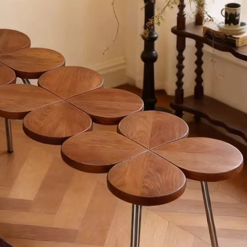 Traditional Vintage Rubber Wood Stainless Steel Clover Shape Cylindrical Accent Bench For Living Room