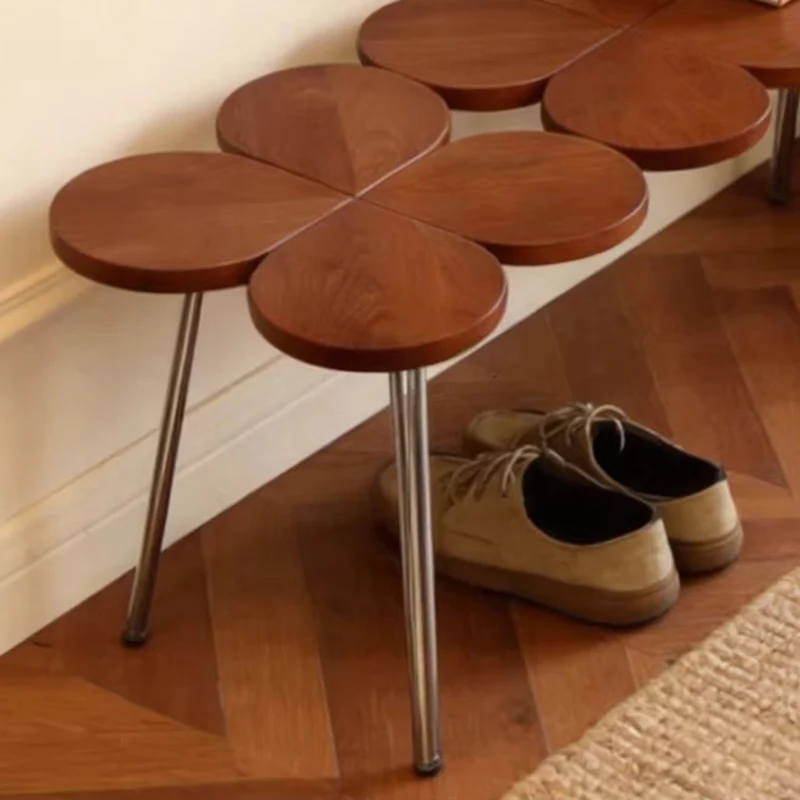 Traditional Vintage Rubber Wood Stainless Steel Clover Shape Cylindrical Accent Bench For Living Room
