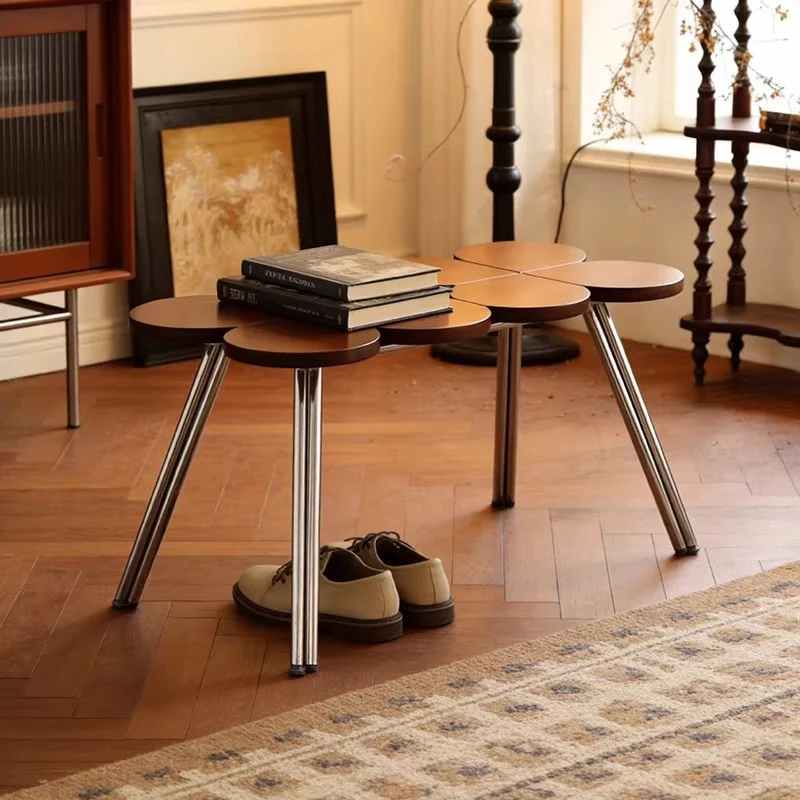 Traditional Vintage Rubber Wood Stainless Steel Clover Shape Cylindrical Accent Bench For Living Room
