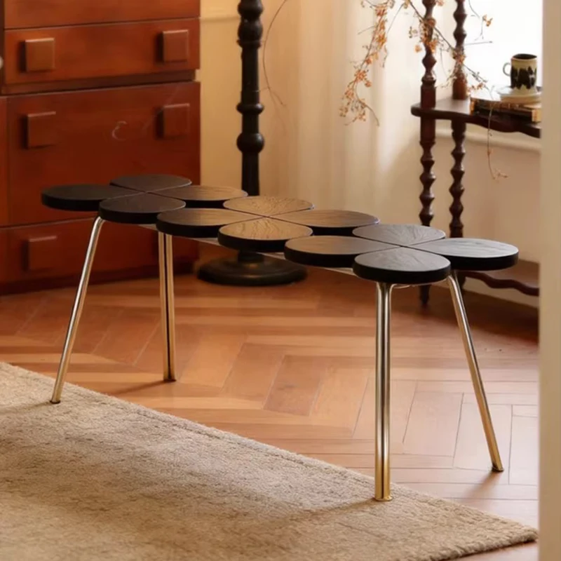 Traditional Vintage Rubber Wood Stainless Steel Clover Shape Cylindrical Accent Bench For Living Room