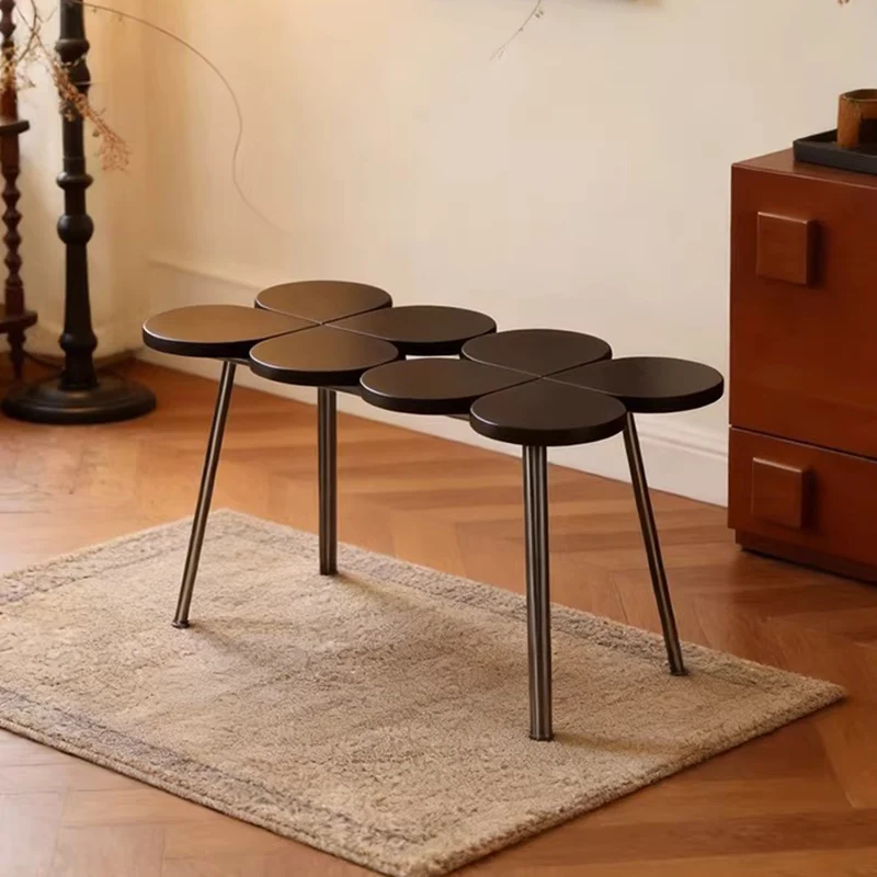 Traditional Vintage Rubber Wood Stainless Steel Clover Shape Cylindrical Accent Bench For Living Room