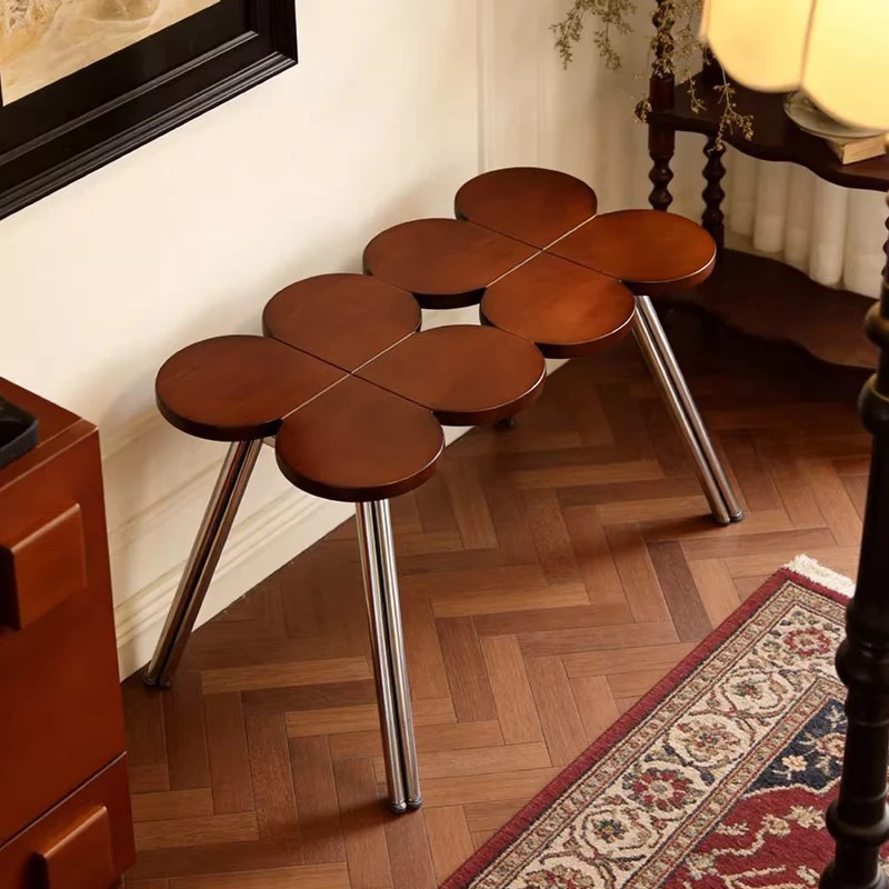 Traditional Vintage Rubber Wood Stainless Steel Clover Shape Cylindrical Accent Bench For Living Room