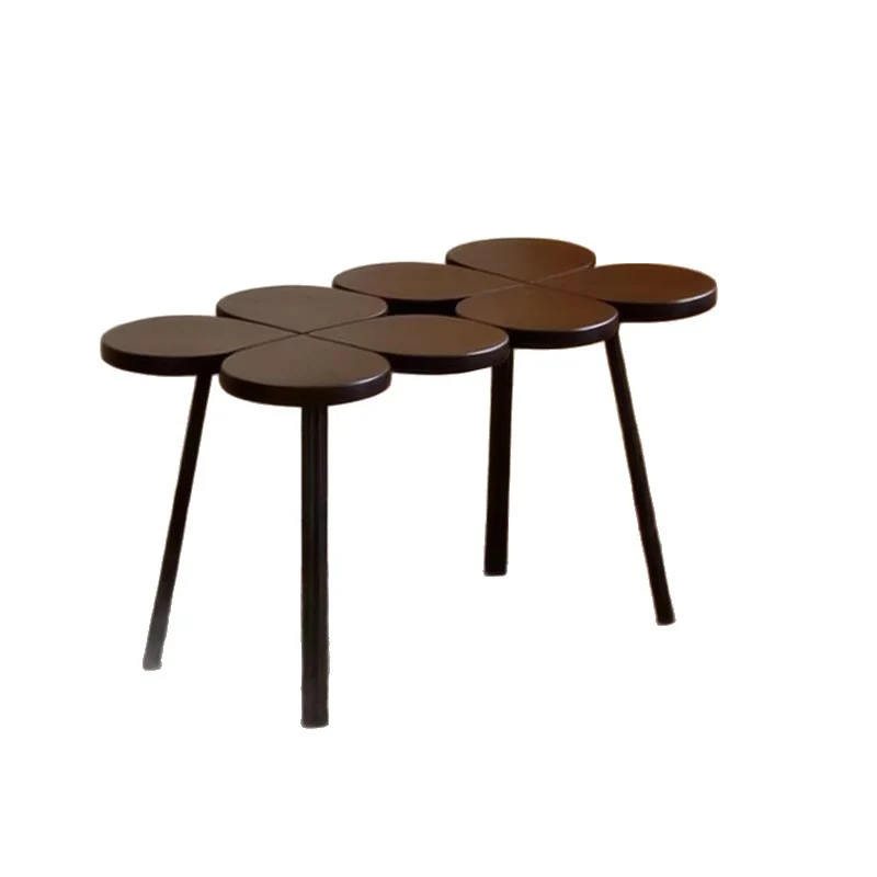 Traditional Vintage Rubber Wood Stainless Steel Clover Shape Cylindrical Accent Bench For Living Room