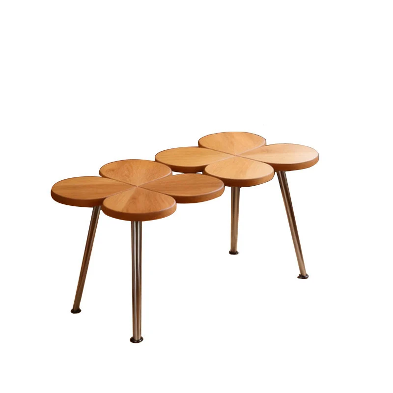 Traditional Vintage Rubber Wood Stainless Steel Clover Shape Cylindrical Accent Bench For Living Room