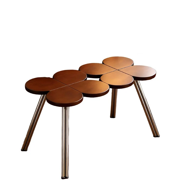 Traditional Vintage Rubber Wood Stainless Steel Clover Shape Cylindrical Accent Bench For Living Room