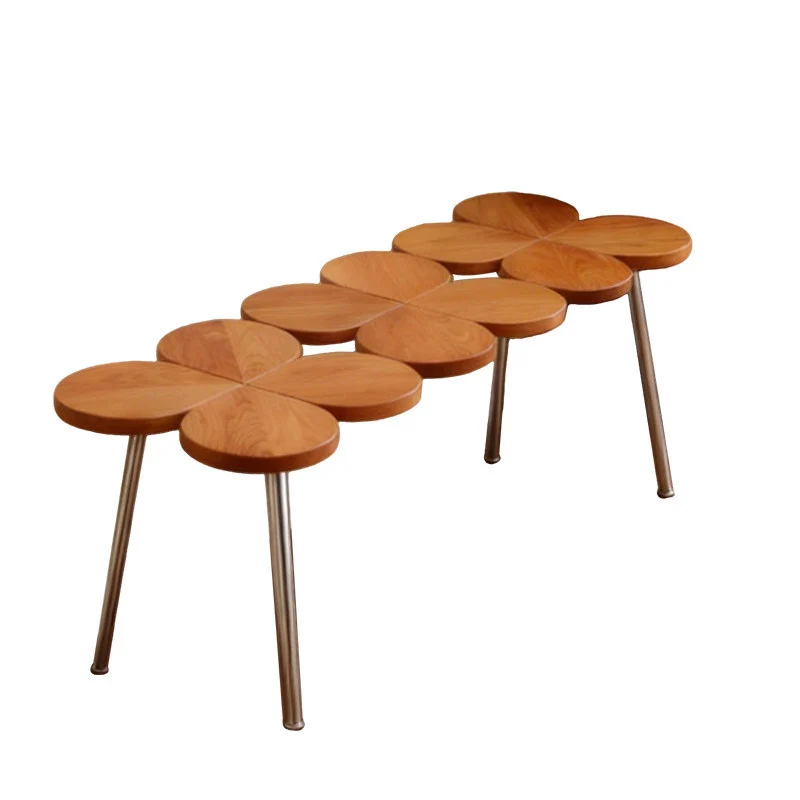Traditional Vintage Rubber Wood Stainless Steel Clover Shape Cylindrical Accent Bench For Living Room