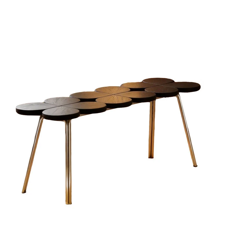 Traditional Vintage Rubber Wood Stainless Steel Clover Shape Cylindrical Accent Bench For Living Room