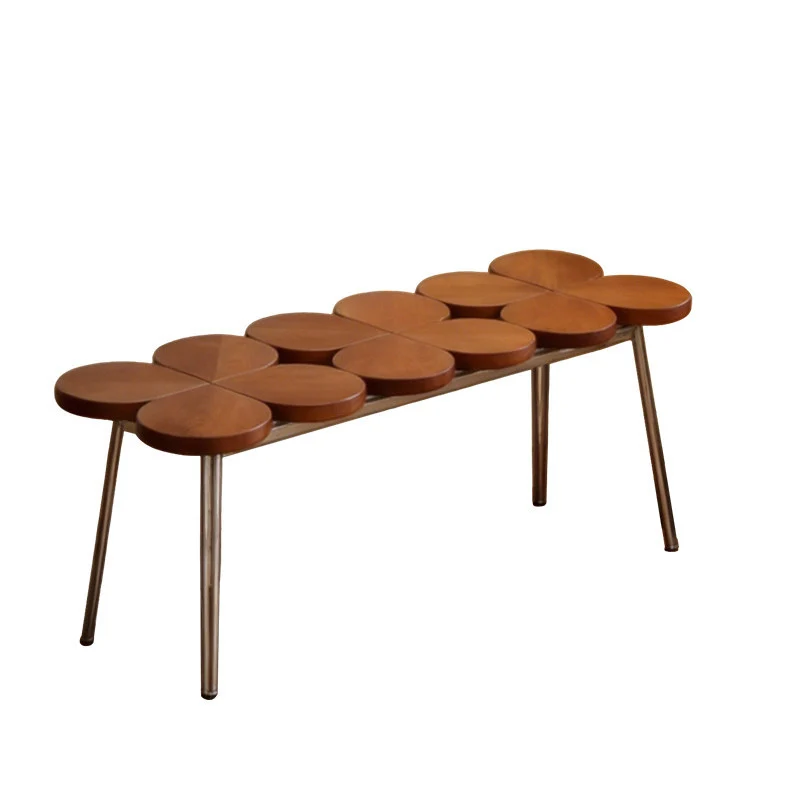Traditional Vintage Rubber Wood Stainless Steel Clover Shape Cylindrical Accent Bench For Living Room