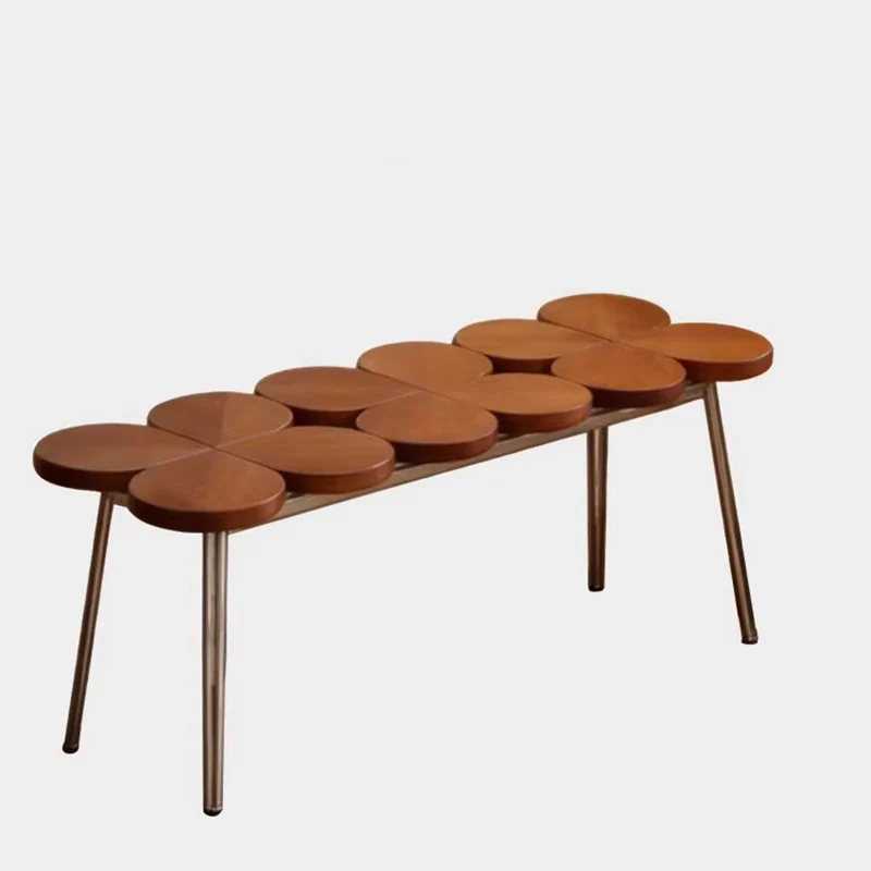 Traditional Vintage Rubber Wood Stainless Steel Clover Shape Cylindrical Accent Bench For Living Room
